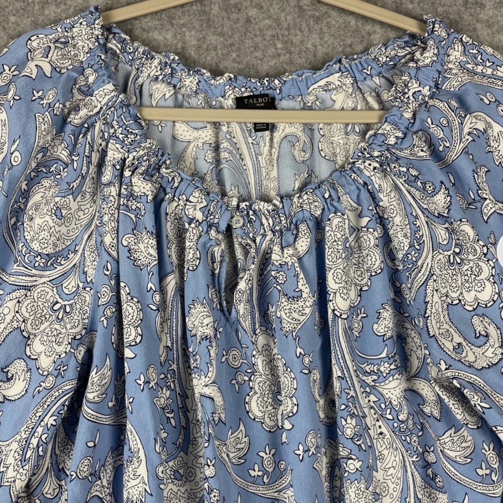 Talbots NWOT Women’s 2X Blue & White Paisley Popover 3/4 Sleeve Stretchy Ruffle
